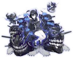 Rule 34 | 1girl, abyssal ship, akira (kadokawa), bare shoulders, black hair, blue flower, blue spider lily, claws, detached sleeves, flower, glowing, horns, japanese clothes, kantai collection, mechanical arms, night strait princess (black), nontraditional miko, official art, okobo, sandals, shaded face, single mechanical arm, solo, spider lily, transparent background, turret, white background, wide sleeves
