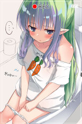 Rule 34 | ..., 1girl, ameth (princess connect!), aono (f i s), blue eyes, blush, breasts, carrot print, collarbone, commentary request, feet out of frame, flying sweatdrops, food print, green hair, highres, knees together feet apart, long hair, looking away, looking to the side, multicolored hair, off shoulder, panties, panty pull, parted lips, pointy ears, princess connect!, print shirt, purple hair, recording, shirt, short sleeves, sitting, small breasts, solo, spoken ellipsis, toilet, translation request, two-tone hair, underwear, very long hair, white panties, white shirt