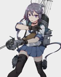 Rule 34 | 1girl, adapted turret, ahoge, akebono (kancolle), bell, black gloves, black neckwear, black thighhighs, blue sailor collar, blue skirt, cannon, choker, cowboy shot, flower, gloves, grey background, grey hair, hair bell, hair flower, hair ornament, highres, jingle bell, kantai collection, long hair, looking at viewer, machinery, pleated skirt, purple eyes, sailor collar, school uniform, serafuku, short sleeves, side ponytail, simple background, skirt, solo, standing, sugamo (rainysnowy108), thighhighs, torpedo launcher, turret, very long hair