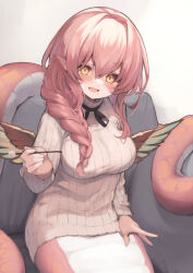 Rule 34 | 1girl, blush, braid, breasts, character request, couch, hair over shoulder, highres, holding, lamia, large breasts, long hair, long sleeves, mimikaki, monster girl, monster musume td, neck ribbon, on couch, open mouth, pink hair, pointy ears, ribbed sweater, ribbon, sitting, slit pupils, smile, solo, sweater, tail, tomisaka yorui, turtleneck, turtleneck sweater, wings, yellow eyes