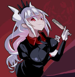Rule 34 | 1girl, absurdres, alcohol, arm under breasts, black jacket, black necktie, breasts, business suit, collared shirt, cup, demon girl, demon horns, drinking glass, formal, gloves, hair ornament, hand on own arm, head tilt, helltaker, highres, horns, jacket, large breasts, long hair, long sleeves, looking at viewer, lucifer (helltaker), mole, mole under eye, necktie, neckwear request, red background, red eyes, red shirt, shirt, simple background, smile, smirk, solo, suit, upper body, ura gachitan, very long hair, white gloves, white horns, wine, wine glass