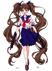 Rule 34 | 1girl, bad id, bad pixiv id, blood, blood on clothes, blood on face, blood stain, blue sailor collar, bow, brown hair, full body, gun, hair bow, hair ribbon, hum (fpswp777), loafers, long hair, looking at viewer, open mouth, original, pleated skirt, red eyes, ribbon, sailor collar, school uniform, serafuku, shoes, skirt, smile, socks, solo, standing, transparent background, twintails, very long hair, walking, weapon, white background, white socks, wide-eyed, wind, yandere