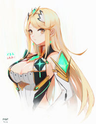 Rule 34 | 1girl, armor, bare shoulders, blonde hair, breasts, brown eyes, cleavage, cleavage cutout, closed mouth, clothing cutout, copyright name, cropped legs, dated, dress, earrings, elbow gloves, gem, gloves, highres, jewelry, large breasts, long hair, looking at viewer, mek, mythra (xenoblade), nintendo, shoulder armor, sidelocks, signature, sleeveless, sleeveless dress, solo, swept bangs, tiara, upper body, v-shaped eyebrows, very long hair, white dress, white gloves, xenoblade chronicles (series), xenoblade chronicles 2