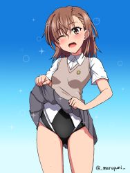 Rule 34 | 1girl, black one-piece swimsuit, blue background, brown eyes, brown hair, clothes lift, competition swimsuit, cowboy shot, gradient background, grey skirt, highres, lifted by self, looking at viewer, marupuni, matching hair/eyes, misaka mikoto, one-piece swimsuit, one eye closed, school swimsuit, school uniform, short hair, skirt, skirt lift, solo, sparkle, standing, sweater vest, swimsuit, swimsuit under clothes, toaru kagaku no railgun, toaru majutsu no index, tokiwadai school swimsuit, tokiwadai school uniform, twitter username, v-neck