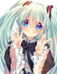 Rule 34 | 1girl, bad id, bad pixiv id, blue eyes, bow, bowtie, detached sleeves, double v, green hair, hatsune miku, highres, kazato fuuchi, long hair, looking at viewer, smile, solo, twintails, v, vocaloid