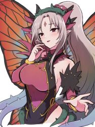 Rule 34 | 1girl, apo 518, bare shoulders, blue wings, breasts, butterfly wings, detached sleeves, diamond (shape), facial mark, fire emblem, fire emblem heroes, forehead mark, grey hair, hair intakes, hand up, highres, insect wings, long hair, looking at viewer, medium breasts, multicolored wings, nintendo, open mouth, orange wings, pink eyes, pink sleeves, plant, plumeria (fire emblem), pointy ears, ponytail, red wings, simple background, smile, solo, thorns, very long hair, vines, white background, wings