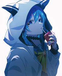 Rule 34 | 1girl, animal hood, apple juice, black choker, blue eyes, blue hair, box, choker, drinking, drinking straw, drinking straw in mouth, hair between eyes, highres, holding, holding box, hololive, hood, hood up, hooded jacket, hoshimachi suisei, hoshimachi suisei (school uniform), jacket, juice, juice box, long hair, long sleeves, looking at viewer, open clothes, open jacket, parted lips, pension z, sideways glance, simple background, solo, star (symbol), star in eye, symbol in eye, upper body, virtual youtuber, white background, white jacket