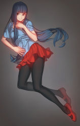 Rule 34 | 1girl, absurdres, aconitea, artist name, blue hair, blue shirt, breasts, brown eyes, closed mouth, commentary, commission, highres, long hair, looking to the side, mary janes, original, pantyhose, pleated skirt, red footwear, red skirt, shirt, shoes, short sleeves, skirt, small breasts, smile, solo, very long hair