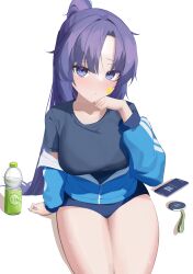 Rule 34 | 1girl, absurdres, blue archive, blue eyes, blue hair, blue jacket, blue shirt, blue shorts, blush, bottle, breasts, buruma, commentary, gym uniform, hand on ground, hand on own cheek, hand on own face, hand up, highres, jacket, jacket partially removed, large breasts, long hair, looking at viewer, mixed-language commentary, official alternate costume, partially unzipped, ponytail, ryoya, shirt, short sleeves, shorts, simple background, sitting, solo, star sticker, water bottle, white background, yuuka (blue archive), yuuka (track) (blue archive)