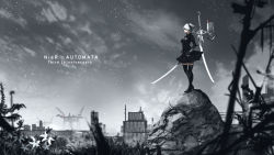 Rule 34 | 1girl, advarcher, anniversary, black dress, black thighhighs, copyright name, dress, floating, floating object, floating sword, floating weapon, flower, full body, greyscale, highres, holding, holding sword, holding weapon, long sleeves, looking away, monochrome, nier (series), nier:automata, pod (nier:automata), robot, ruins, short hair, sky, spot color, standing, sword, thighhighs, weapon, white hair, 2b (nier:automata)