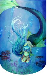 Rule 34 | 1girl, blue hair, compile, long hair, madou monogatari, mermaid, monster girl, painting (medium), puyopuyo, satuki (norion), serilly (puyopuyo), serilly (puyopuyo), solo, traditional media, underwater, watercolor (medium)