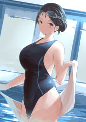 Rule 34 | 1girl, absurdres, black eyes, black hair, black one-piece swimsuit, breasts, chinese commentary, commentary request, competition swimsuit, cowboy shot, curvy, goggles, goggles on head, hair bun, highres, large breasts, long hair, looking at viewer, one-piece swimsuit, original, painnico, single hair bun, solo, swimsuit, towel, white towel