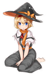 Rule 34 | 1girl, alice margatroid, ascot, barefoot, black dress, black headwear, blonde hair, blue eyes, blush, bow, capelet, commentary request, cookie (touhou), dress, expressionless, full body, hair between eyes, hairband, hat, hat bow, highres, looking at viewer, open mouth, orange bow, orange sash, orange scarf, red ascot, red hairband, scarf, short hair, simple background, sitting, soga alice, solo, touhou, wariza, white background, white capelet, witch hat, yumekamaborosh