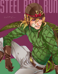 Rule 34 | 1boy, bad id, bad pixiv id, blonde hair, blue eyes, brown hat, diego brando, dororosso, glasgow smile, gloves, green shirt, hat, jojo no kimyou na bouken, male focus, scary monsters (stand), shirt, short hair, solo, stand (jojo), steel ball run, sweater, tail, turtleneck