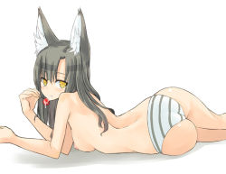 Rule 34 | 1girl, animal ears, ass, breasts, brown hair, cherry, food, fox ears, fruit, holding, holding food, holding fruit, lying, nabeshima tetsuhiro, nipples, on stomach, original, panties, panties only, saliva, solo, striped clothes, striped panties, topless, underwear, underwear only, yellow eyes