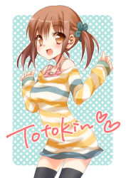 Rule 34 | 10s, 1girl, :d, bare shoulders, black thighhighs, brown eyes, brown hair, character name, cowboy shot, dress, ech, idolmaster, idolmaster cinderella girls, jewelry, necklace, off shoulder, open mouth, polka dot, polka dot background, smile, solo, sweater, sweater dress, thighhighs, totoki airi, twintails