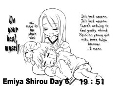 Rule 34 | 00s, 1boy, 2girls, :d, = =, artist request, blush, brother and sister, character name, chibi, crying, dated, emiya shirou, english text, engrish text, closed eyes, fate/stay night, fate (series), greyscale, holding, illyasviel von einzbern, lap pillow, long hair, long sleeves, lying, matou sakura, monochrome, multiple girls, on side, open mouth, pants, ranguage, shirt, short hair, siblings, smile, teardrop