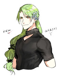 Rule 34 | 1boy, achilles (fate), alternate hair length, alternate hairstyle, bad id, bad pixiv id, braid, changye, chinese text, cleavage cutout, clothing cutout, crossdressing, fate/grand order, fate (series), green hair, laurel crown, lily servant, long hair, low-tied long hair, male focus, short sleeves, side braid, solo, translation request, turtleneck, yellow eyes