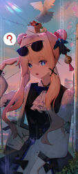 Rule 34 | 1girl, ?, absurdres, animal, arm up, ascot, bag, bell, bird, black dress, blonde hair, blue eyes, blue sky, cake, cake slice, cloud, commentary request, day, double bun, dress, food, hair bun, hair ornament, hair scrunchie, highres, hy199802, jingle bell, long hair, long sleeves, looking at viewer, on head, open mouth, original, outdoors, plate, power lines, puffy long sleeves, puffy sleeves, red scrunchie, scrunchie, shirt, sidelocks, sky, sleeveless, sleeveless dress, solo, spoken question mark, utility pole, very long hair, white ascot, white shirt
