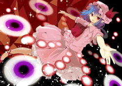 Rule 34 | 1girl, ascot, blue hair, bow, danmaku, ear piercing, hat, hat bow, mob cap, outstretched arms, piercing, red eyes, remilia scarlet, solo, tamagogayu1998, touhou