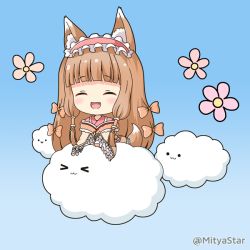 Rule 34 | &gt; &lt;, 1girl, :3, :d, ^ ^, animal ear fluff, animal ears, blue background, blunt bangs, blush, bow, brown bow, brown hair, brown kimono, closed eyes, closed mouth, cloud, commentary request, dog ears, dog girl, dog tail, fang, flower, hair bow, japanese clothes, kimono, long hair, maho (princess connect!), mitya, open mouth, pink flower, princess connect!, smile, solo, tail, twitter username, very long hair