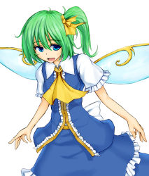 Rule 34 | 1girl, :d, ascot, bad id, bad pixiv id, blue eyes, bow, daiyousei, dress, fairy wings, green hair, hair bow, hair ribbon, open mouth, ribbon, short hair, short sleeves, side ponytail, simple background, smile, solo, touhou, white background, wings, yonaga (masa07240)