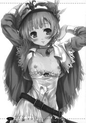 Rule 34 | 1girl, arms up, atelier (series), atelier rorona, belt, blush, breasts, clothes pull, convenient censoring, cowboy shot, female focus, greyscale, hat, highres, jewelry, looking at viewer, monochrome, navel, necklace, nipples, no panties, rororina fryxell, shawl, shirt pull, small breasts, solo, tougarashi hideyu