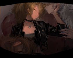 Rule 34 | 1boy, 1girl, absurdres, ambience synesthesia, animal ears, arknights, blonde hair, breasts, cat boy, cleavage, collar, couch, highres, jacket, jewelry, leather, leather jacket, lion ears, lion girl, naijiaer, necklace, official alternate costume, siege (arknights), silverash (arknights), white hair