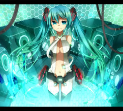 Rule 34 | 1girl, ao ringo, aqua eyes, aqua hair, arms behind back, breasts, center opening, cleavage, hatsune miku, hatsune miku (append), large breasts, letterboxed, long hair, navel, necktie, smile, solo, twintails, very long hair, vocaloid, vocaloid append