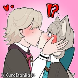 Rule 34 | animal ears, blonde hair, brother and sister, cat ears, cat girl, closed eyes, french kiss, holding face, incest, kiss, light brown hair, purple eyes, siblings, suprise kiss, surprised, twincest, twins, wide-eyed