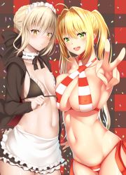 Rule 34 | &gt;:d, 2girls, :d, ahoge, apron, artoria pendragon (all), artoria pendragon (alter swimsuit rider) (fate), artoria pendragon (alter swimsuit rider) (second ascension) (fate), artoria pendragon (fate), asymmetrical docking, bikini, black bikini, black jacket, blonde hair, blush, breast press, breasts, cameltoe, choker, confetti, covered erect nipples, earrings, fate/grand order, fate (series), frills, green eyes, hair between eyes, hair intakes, halterneck, highres, hood, hooded jacket, jacket, jewelry, large breasts, long hair, looking at viewer, maid, maid bikini, maid headdress, multiple girls, navel, nero claudius (fate), nero claudius (fate) (all), nero claudius (swimsuit caster) (fate), open clothes, open jacket, open mouth, plaid, plaid background, saber alter, short hair, side-tie bikini bottom, small breasts, smile, striped bikini, striped clothes, swimsuit, twintails, unconventional maid, v, v-shaped eyebrows, waist apron, yellow eyes, zukky