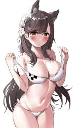 Rule 34 | 1girl, absurdres, animal ears, atago (azur lane), azur lane, bad id, bad pixiv id, bare arms, bare shoulders, bikini, black hair, breasts, cleavage, closed mouth, collarbone, cowboy shot, extra ears, flower, frown, groin, hair flower, hair ornament, hands up, highres, large breasts, long hair, looking at viewer, mole, mole under eye, navel, orange eyes, side-tie bikini bottom, simple background, solo, stomach, strap pull, string bikini, suou-sensei, swimsuit, thighs, v-shaped eyebrows, very long hair, white background, white bikini