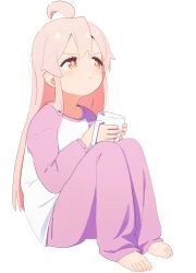 Rule 34 | 1girl, absurdres, ahoge, barefoot, blush, bright pupils, closed mouth, commentary request, cup, feet, full body, highres, holding, holding cup, jaggy lines, jiryu50610218, knees up, long hair, long sleeves, mug, onii-chan wa oshimai!, oyama mahiro, pants, pout, purple pants, purple sleeves, raglan sleeves, shirt, simple background, sitting, solo, tears, white background, white shirt