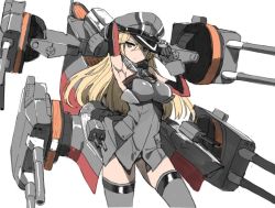 Rule 34 | 10s, 1girl, arm behind head, armpits, bismarck (kancolle), blonde hair, cannon, gloves, green eyes, grey thighhighs, hat, kantai collection, mx2j, solo, thighhighs, unfinished, white background