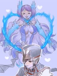 Rule 34 | 2girls, armor, breasts, brighid (xenoblade), collarbone, closed eyes, fire, gloves, hat, heart, long hair, medium breasts, military, military hat, military uniform, morag ladair (xenoblade), multiple girls, natto soup, nintendo, pauldrons, reverse trap, shoulder armor, simple background, smile, uniform, white gloves, xenoblade chronicles (series), xenoblade chronicles 2, xenoblade chronicles (series), xenoblade chronicles 2, yandere