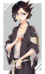 Rule 34 | 1girl, bad id, bad twitter id, black hair, bleach, blue eyes, covering privates, covering breasts, glasses, grey background, highres, ise nanao, japanese clothes, kofunami nana, short hair, solo