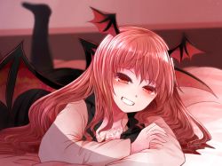 Rule 34 | 1girl, arano oki, bat wings, black legwear, black vest, blurry, blush, bra, breasts, cleavage, commentary request, depth of field, head wings, indoors, koakuma, long hair, long sleeves, looking at viewer, lying, mole, mole on breast, on bed, on stomach, red eyes, red hair, shirt, simple background, smile, solo, the pose, touhou, underwear, vest, white background, white shirt, wings