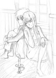 Rule 34 | 10s, 1boy, 1girl, albyee, barefoot, black hair, candle, candlestand, closed eyes, collarbone, couple, darling in the franxx, feet, fingernails, greyscale, hand on own knee, hetero, highres, hiro (darling in the franxx), holding hands, horns, hugging own legs, long hair, looking back, monochrome, nightgown, oni horns, pajamas, red horns, short hair, sitting, sleeveless, zero two (darling in the franxx)
