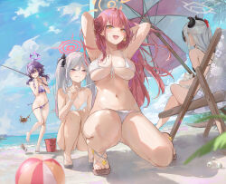 Rule 34 | 4girls, alternate costume, armpits, arms behind head, arms up, aru (blue archive), ball, barefoot, beach, beach umbrella, beachball, bikini, black hair, blue archive, blush, breasts, cleavage, commentary request, crab, dema hmw, demon girl, demon horns, feet, front-tie bikini top, front-tie top, grey hair, hair between eyes, hair ornament, hairband, halo, haruka (blue archive), highres, horns, kayoko (blue archive), large breasts, legs, long hair, multicolored hair, multiple girls, mutsuki (blue archive), navel, ocean, open mouth, outdoors, pink hair, problem solver 68 (blue archive), purple eyes, purple hair, red eyes, revision, sandals, shore, sideboob, small breasts, smile, squatting, stomach, swimsuit, thighs, toenails, toes, two-tone hair, umbrella, underboob, untying, white bikini, white hair, yellow eyes