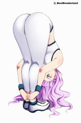 Rule 34 | 1girl, absurdres, ass, blunt bangs, blush, box wonderland, breasts, exercising, green eyes, highres, long hair, love live!, love live! superstar!!, medium breasts, midriff, pants, purple hair, solo, sports bra, stretching, sweatband, tight clothes, tight pants, wavy hair, white sports bra, wien margarete, yoga pants