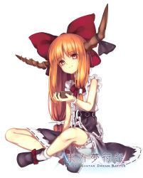 Rule 34 | 1girl, belt, bloomers, bow, chain, chained wrists, closed mouth, commentary request, crossed ankles, eyelashes, footwear ribbon, frilled shirt, frills, hair bow, hand up, holding, horn ornament, horn ribbon, horns, ibuki suika, indian style, light smile, long hair, looking at viewer, low-tied long hair, neck ribbon, neetsr, nose, orange hair, parted bangs, purple footwear, purple ribbon, purple skirt, red bow, red eyes, red ribbon, ribbon, shiny skin, shirt, shoes, simple background, sitting, skirt, sleeveless, sleeveless shirt, socks, solo, touhou, underwear, very long hair, white background, white shirt, white socks