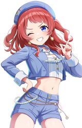 1girl belly_chain blue_eyes blue_jacket blue_shorts blush boom_boom_pow_(idolmaster) breasts brown_hair cleavage cowboy_shot crop_top cropped_jacket cropped_shirt dot_nose earrings floating_hair gakuen_idolmaster grin hanami_saki hand_on_own_hip hand_up hat idolmaster index_finger_raised jacket jewelry long_hair long_sleeves looking_at_viewer medium_breasts midriff navel open_clothes open_jacket sakura_ran shirt shorts simple_background smile solo standing two_side_up v-shaped_eyebrows white_background white_shirt