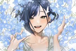 Rule 34 | 10s, 1girl, :d, asymmetrical hair, blue flower, blue hair, collarbone, darling in the franxx, flower, hair ornament, hairclip, hutagi rouka, ichigo (darling in the franxx), looking at viewer, open mouth, parted bangs, portrait, short hair, smile, solo, yellow eyes
