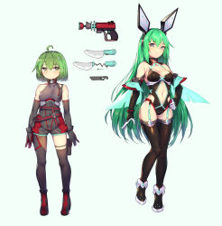 Rule 34 | 2girls, ahoge, animal ears, bare shoulders, blue background, blush, bodysuit, breasts, closed mouth, contrapposto, copyright request, elbow gloves, energy gun, fake animal ears, garter straps, gloves, green hair, grey gloves, grey hair, hand on own hip, highres, holster, knife, leotard, long hair, looking at viewer, medium breasts, multiple girls, navel, official art, ray gun, shennai misha, short hair, simple background, small breasts, standing, standing on one leg, thigh gap, very long hair, weapon, yellow eyes