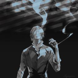 Rule 34 | 1boy, artist name, black background, cigarette, commentary, english commentary, facial hair, goatee, greyscale, hair over one eye, holding, holding cigarette, long sleeves, looking at viewer, male focus, monochrome, one piece, painttool sai (medium), sanji (one piece), shirt, short hair, signature, simple background, smoke, solo, upper body, zzyzzyy