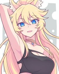 Rule 34 | 1girl, animal ear fluff, animal ears, arm up, armpits, bare shoulders, blonde hair, blue eyes, breasts, cleavage, collarbone, e20, grey background, hair between eyes, high ponytail, highres, looking at viewer, medium breasts, outside border, parted lips, ponytail, rararin (show by rock!!), show by rock!!, smile, solo, two-tone background, upper body, white background