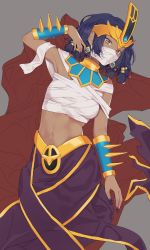 Rule 34 | 1girl, absurdres, agnamore, amen-ra (idle heroes), arm up, bad id, bad pixiv id, bandages, bandaged head, bandages, bare shoulders, blue hair, breasts, brown eyes, commentary request, covered mouth, dark skin, dark-skinned female, earrings, egyptian, egyptian clothes, fingernails, grey background, hair ornament, headpiece, highres, idle heroes, jewelry, korean commentary, long fingernails, lying, nail polish, navel, on back, purple nails, purple skirt, sharp fingernails, simple background, skirt, small breasts, solo, spikes, stud earrings