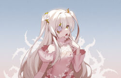 Rule 34 | 1girl, breasts, commentary request, edooit, flower, flower over eye, frilled shirt, frills, gradient background, grey background, hair between eyes, hair flower, hair ornament, highres, index finger raised, juliet sleeves, kirakishou, lolita fashion, long hair, long sleeves, looking at viewer, medium bangs, open mouth, pink shirt, plant, puffy sleeves, rose, rozen maiden, shirt, sidelocks, small breasts, solo, two side up, upper body, very long hair, vines, wavy hair, white flower, white hair, white rose, yellow eyes