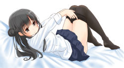 Rule 34 | 1girl, bed sheet, black eyes, black hair, black pantyhose, blue skirt, breasts, clothes pull, full body, highres, long sleeves, looking at viewer, lying, medium breasts, miniskirt, no shoes, on back, original, pantyhose, pantyhose pull, retsumaru, shirt, simple background, skirt, sleeves rolled up, solo, tareme, thighs, undressing, white background, white shirt