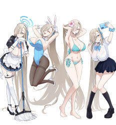 Rule 34 | 1girl, absurdres, asuna (blue archive), asuna (bunny) (blue archive), barefoot, bikini, black footwear, black skirt, blue archive, blue bikini, blue eyes, breasts, broom, brown pantyhose, cellphone, flower, full body, hair flower, hair ornament, hair ribbon, halo, highres, holding, holding broom, holding phone, jumping, large breasts, long hair, maid, maid headdress, multiple views, official alternate costume, pantyhose, phone, ribbon, selfie, shirt, shoes, simple background, skirt, standing, swimsuit, thighhighs, toes, very long hair, white background, white shirt, white thighhighs, yoru0409